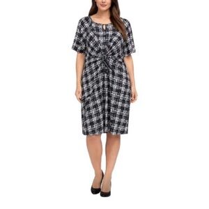 NY Collection Women’s Black White Midi Knit Dress Tie Front Size 1X Keyhole Back